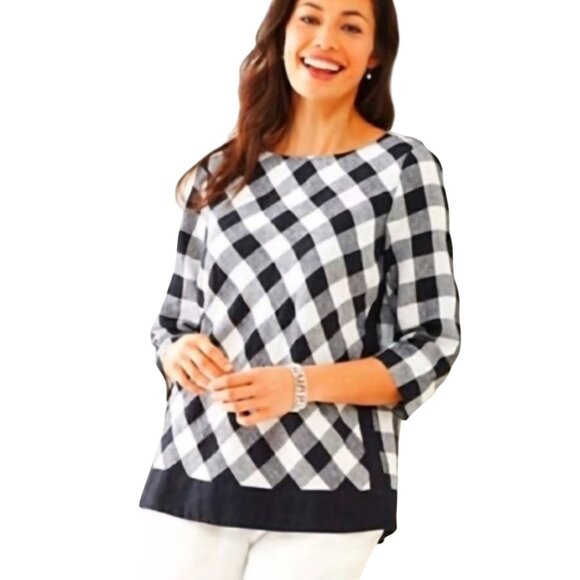 J. Jill Love Linen 100% Linen Black White Gingham Check Tunic Top Size L - Picture 1 of 7